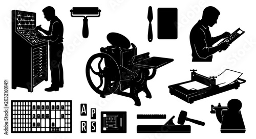 Foto Vintage Printing Press Elements, Letterpress Equipment, Silhouette Graphics for