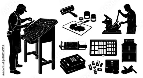 Bilde på lerret Vintage Printing Press Elements, Typography Tools, and Craftsman Silhouette Vect