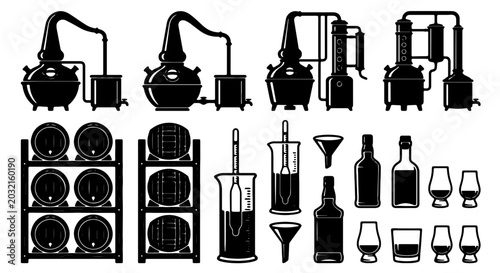 Photos Distillery Equipment Set: Alembic Stills, Barrels, Bottles, Glasses, and Lab Too