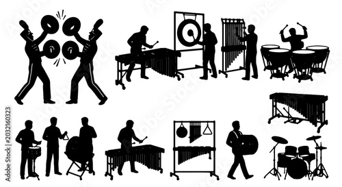 Canvastavla Percussion Ensemble Silhouettes, Orchestra Musicians Playing Drums and Cymbals,