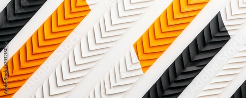 Dynamic black, orange, white chevron patterns in diagonal strips, showcasing rhythmic depth and abstract contrast, Abstract, Modern