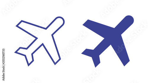 Airplane Icon Set with Outline and Solid Blue Aircraft Symbols Isolated on Light Background for Travel, Aviation and Transportation Design