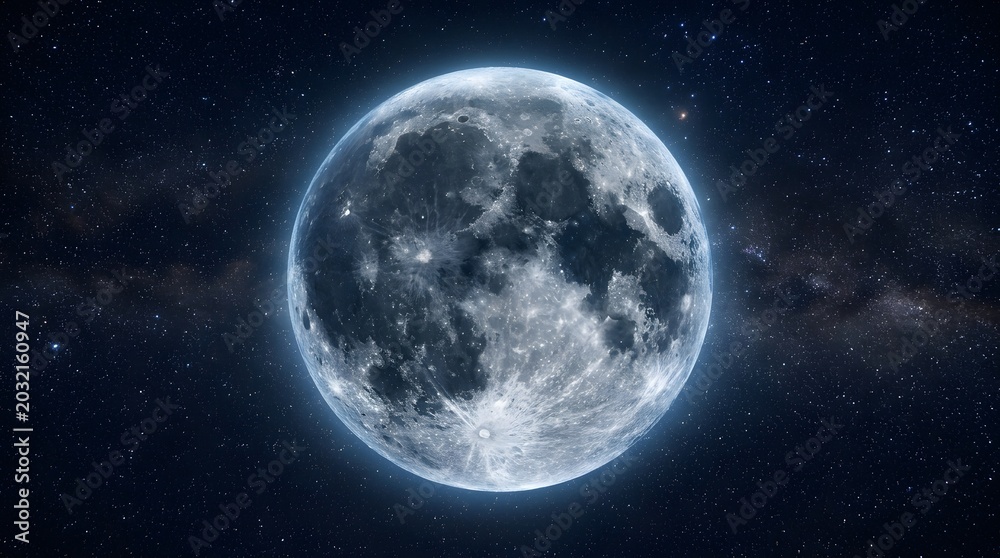 Fototapeta premium Realistic full moon illustration with detailed craters and blue halo against starry night sky