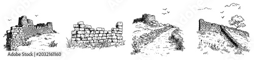 Foto Ancient stone wall ruins and old historical pathways in vintage hand drawn style