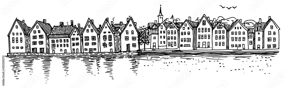 Naklejka premium Old town waterfront houses with water reflection in european harbor in hand drawn engraving style