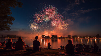 calm lake at night, massive 4th of July fireworks exploding in the sky with red white and blue bursts and reflecting on the water, silhouettes of people celebrating