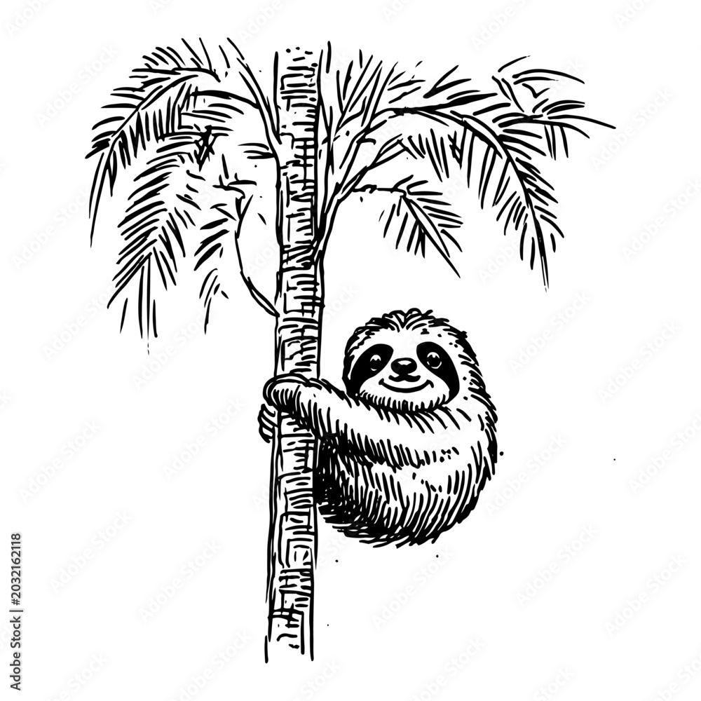 Fototapeta premium Cute sloth climbing a palm tree trunk hand drawn line art sketch