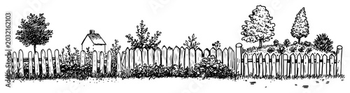 Tableau sur toile Wooden picket fence with garden plants and trees in vintage engraving style