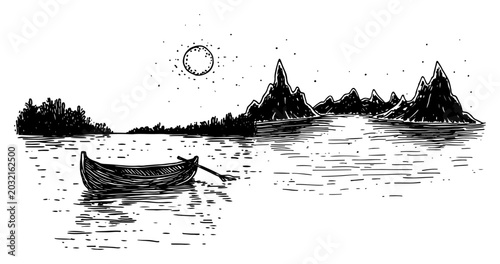 Foto Wooden boat on a calm lake with mountains under starry sky vintage sketch