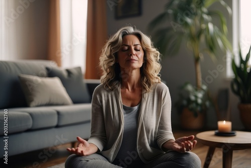 Middle aged woman meditating at home with eyes closed, relaxing body and mind in a living room