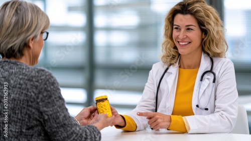 Female doctor in white coat discusses vitamin supplements with elderly patient in a bright consultation room, holding a bottle of yellow capsules on a table