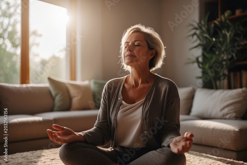 Middle aged woman meditating at home with eyes closed, relaxing body and mind in a living room