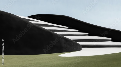 Minimalist Abstraction Bold black curves envelop white stairs ascending from lush green ground against a serene blue sky. Dynamic contrast., Architecture, Serenity