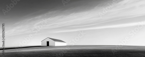 Minimalist BandW Landscape Isolated white structure on a sweeping dark hill under a dynamic sky, symbolizing solitude and stark beauty. BandW, solitude