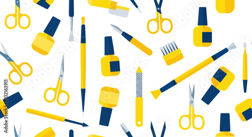 Tablou pe pânză Yellow and blue manicure tools scattered.