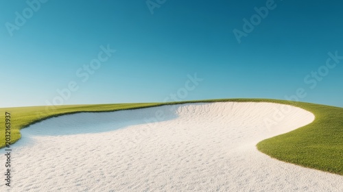 Minimalist Golf Bunker Dynamic white sand trap curves meet vibrant green turf under a clear blue sky. A serene, graphic landscape. ,golf course,tranquility