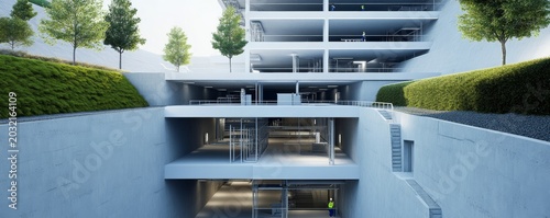 Modern multi-level concrete complex seamlessly integrating vibrant green landscapes and trees, featuring exposed and subterranean floors. A vision of sustainable urban architecture.,