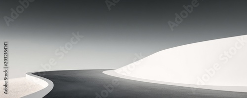 Monochromatic Curved Path Minimalist composition featuring a dark, winding road, crisp white architectural forms and a serene gradient sky, symbolizing modern design and journey.,