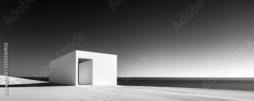 Monochrome geometric edifice by the sea, a stark white portal against the vast ocean and gradient sky, evoking minimalist architecture and quiet isolation ,Minimalist ,Seascape