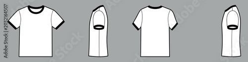 Ringer t-shirt vector template set mock up isolated on gray background. flat technical drawing template. Contrast neck T-Shirt illustration, front, back and side view. T-shirt Mock-up set.