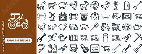 Bild auf Leinwand Farm Essential and Livestock outline icon set