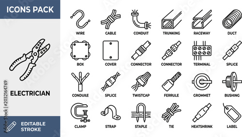 Fotografie Electrician and Wiring Component outline icon set