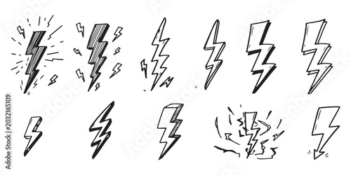 Fotografie Set of hand drawn lightning bolt icons and weather storm symbols in sketch style