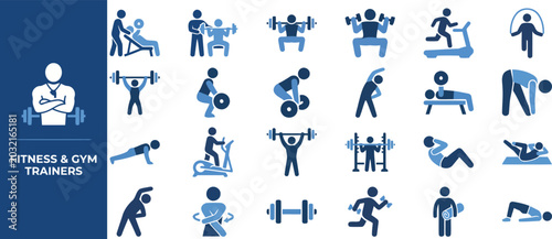 Fotografía Gym Trainer and Strength Training solid icon set