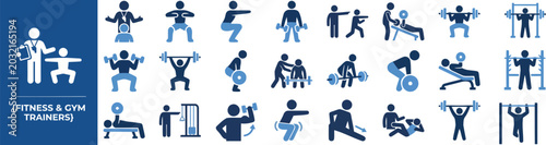 Fitness Trainer and Gym Workout flat icon set. Featuring lifting, treadmill, stretching, coaching, and dumbbell symbols. Editable stroke vector icons for personal trainer app.