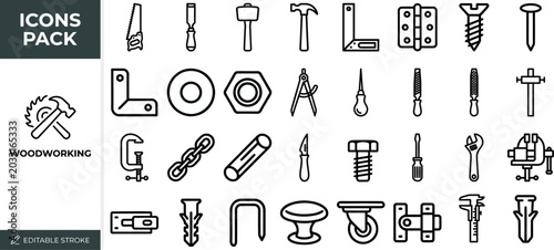Bild auf Leinwand Woodworking Tool and Carpentry outline icon set