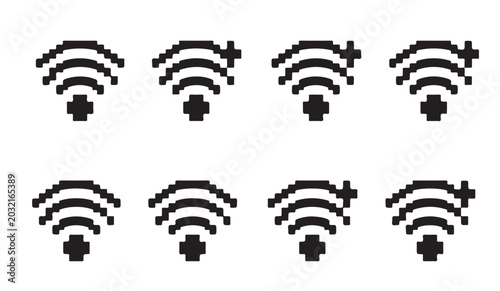 Set of wireless internet connection signal icons with plus signs in pixel art style vector.