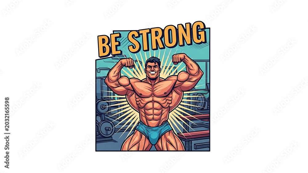 Obraz premium Muscular bodybuilder flexing muscles with be strong text isolated on a transparent background