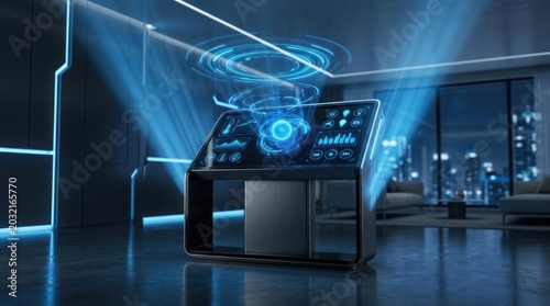 Futuristic digital interface displaying data information in modern interior