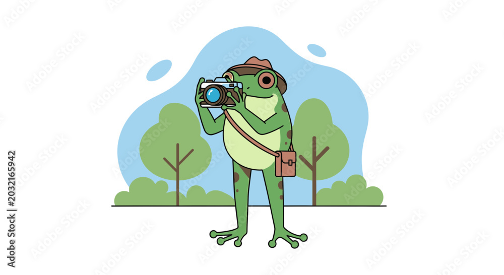 Obraz premium Cute frog photographer with camera and bag.