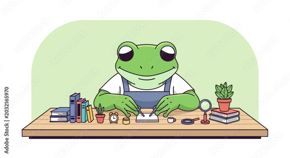 Obraz premium Cute frog craftsman working diligently at a wooden desk.