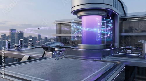 Modern drone on rooftop with futuristic architecture and technology