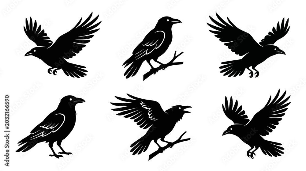 Fototapeta premium different black crow silhouettes on a clean white background, minimalist vector style.