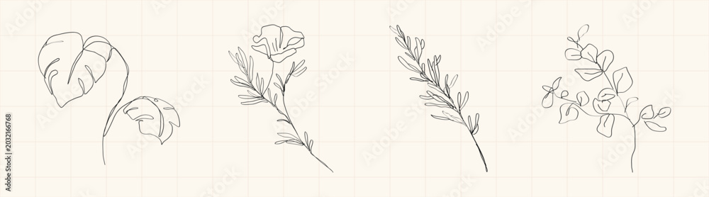 Fototapeta premium Minimal vector botanical line art with tropical leaves and delicate floral sprigs