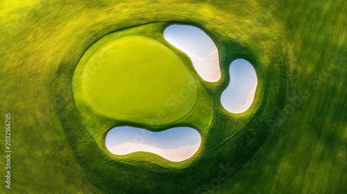 Vibrant aerial golf green and bunkers an abstract top-down pattern of lush turf and white sand. Nature's course design, golf course, abstract art
