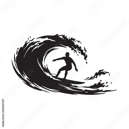 Surfer Silhouette Riding Wave