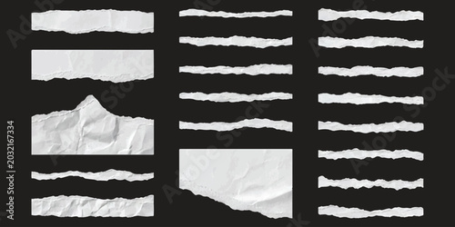 Fotografía Set of torn paper strips and ripped edge borders in white on a dark background V