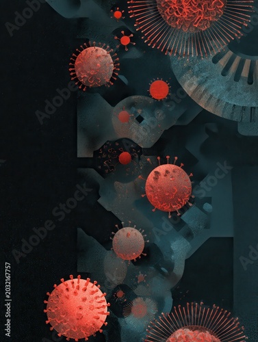 Abstract illustration of viral replication cycle hijacking cellular machinery in dark scientific context