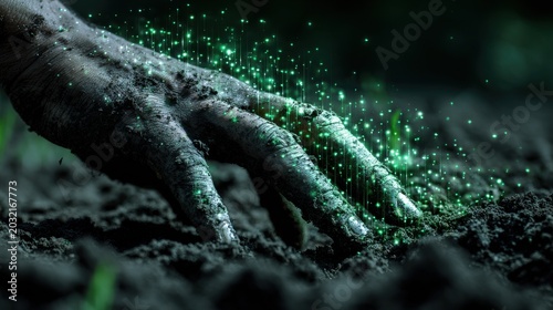Hands nurturing fertile soil with digital data streams, symbolizing sustainable agriculture innovation
