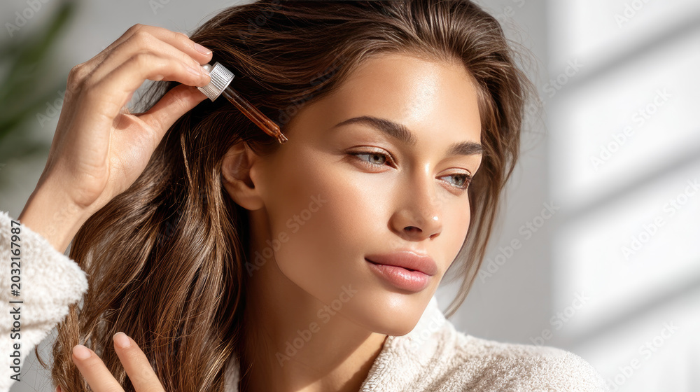 Fototapeta premium Woman applying scalp serum with a dropper, focusing on hair wellness, treatment, and stimulating growth for healthy hair care routine