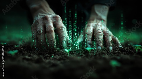 Hands nurturing fertile soil with digital data streams, symbolizing sustainable agriculture innovation