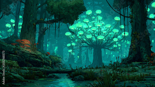 Bioluminescent alien jungle landscape with glowing cyan flora and red mushrooms for sci-fi game backgrounds and fantasy concept art copy space