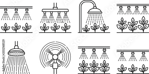 Photos Garden Irrigation and Watering Line Icon Set Featuring Sprinkler Systems, Plant