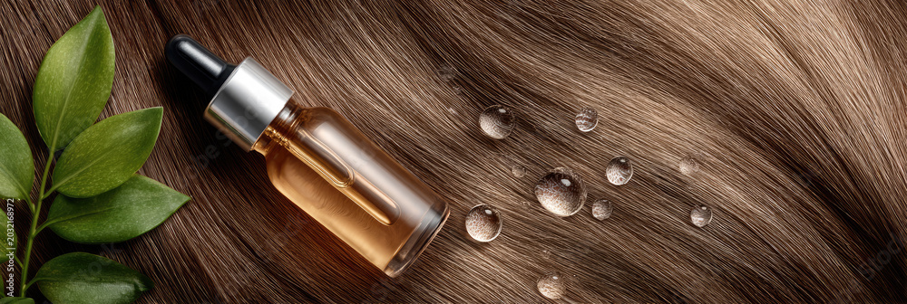 Naklejka premium Hair care serum bottle with natural drops and green leaves hydrating and strengthening healthy brown hair, promoting scalp wellness and shine