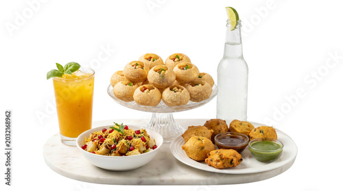 Traditional Indian street food snacks, crispy pani puri on glass stand, spicy aloo chaat and fried pakora with chutney, refreshing cold beverage isolated PNG with Transparent Background