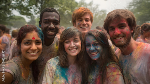 Diverse group of friends celebrating Holi festival with colorful powder outdoors